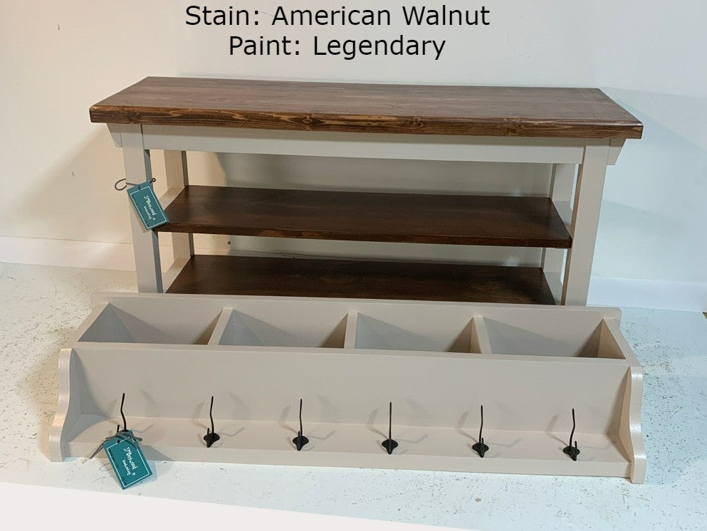 Two Stained Shelf Bench & Coat Rack Cubbie Set